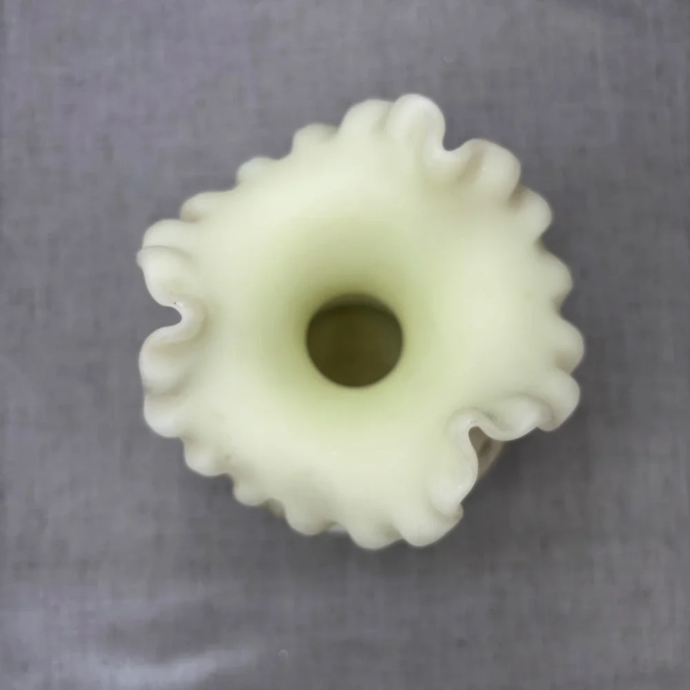 Vintage Fenton Custard Glass Uranium Vase Hand Painted Daisy Ruffled Edge Signed